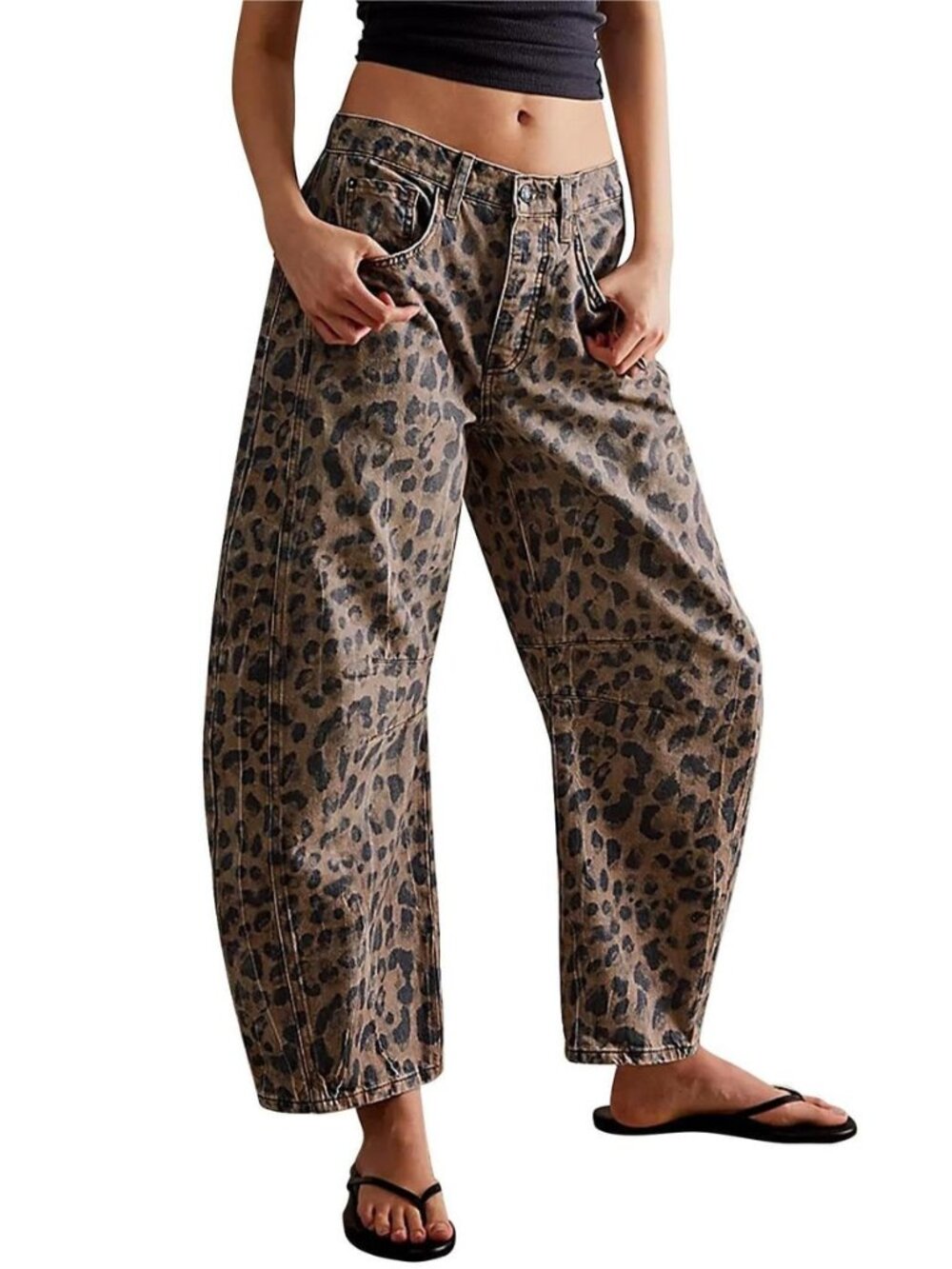Womens Stretchy Mid Rise Barrel Jeans Vintage Loose Wide Leg Cropped Denim Pants